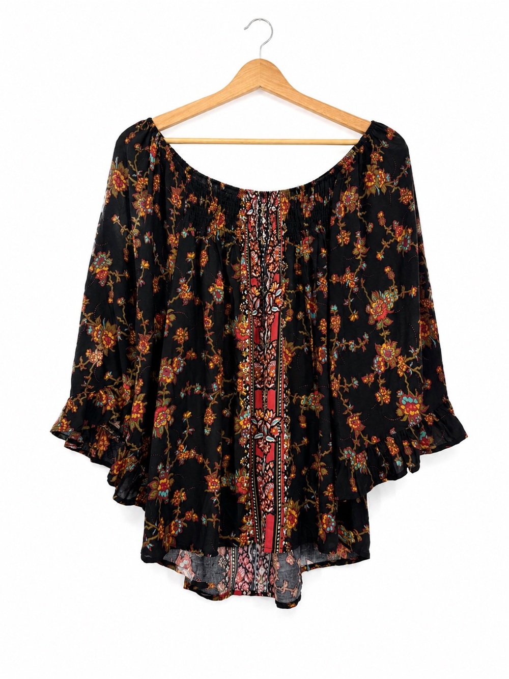 World Unity Black Printed Blouse Boho Flowy Rayon Size XL